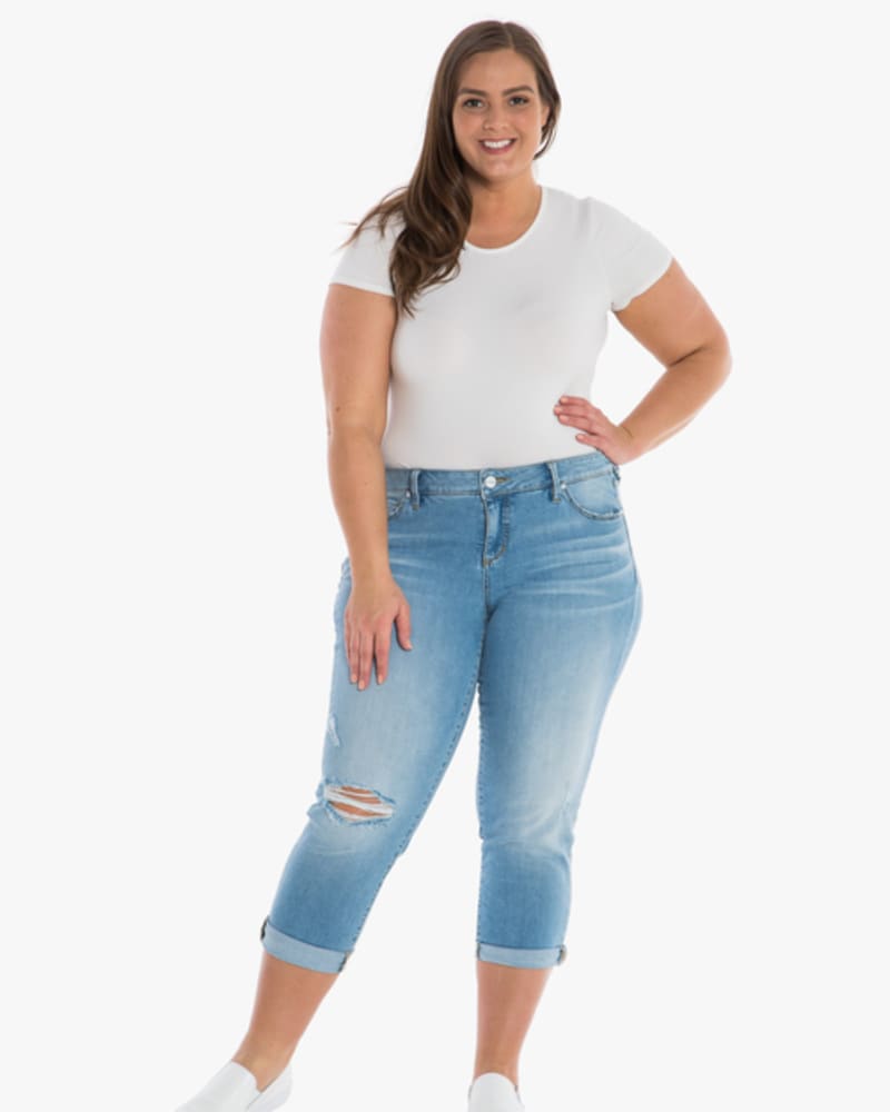 Front of a model wearing a size 14 Naomi Distressed Boyfriend Jean in THEA by Slink Jeans. | dia_product_style_image_id:255915